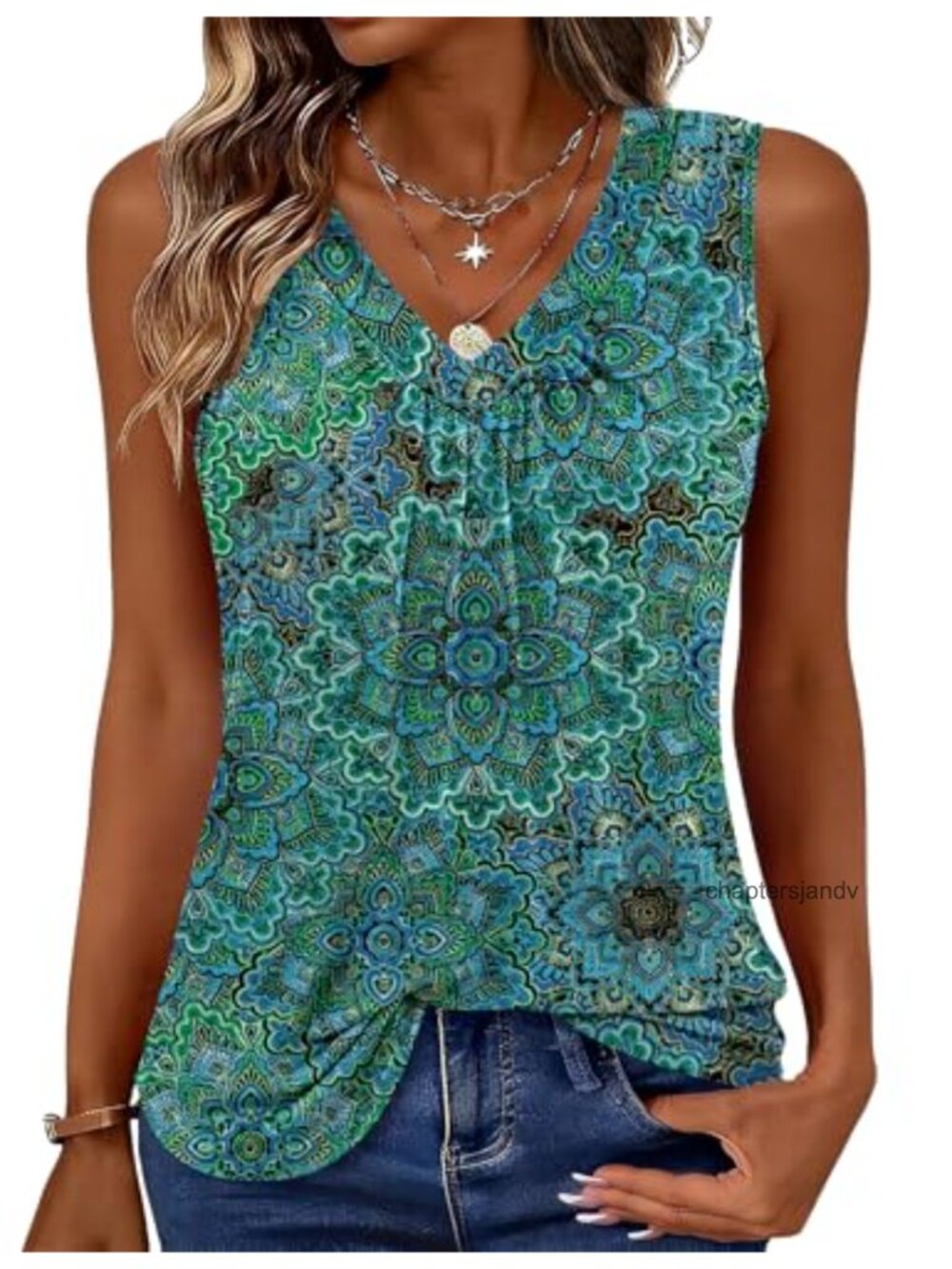 Women's Sleeveless V-Neck Pleated Tank Top Flowy Bohemian Summer Casual